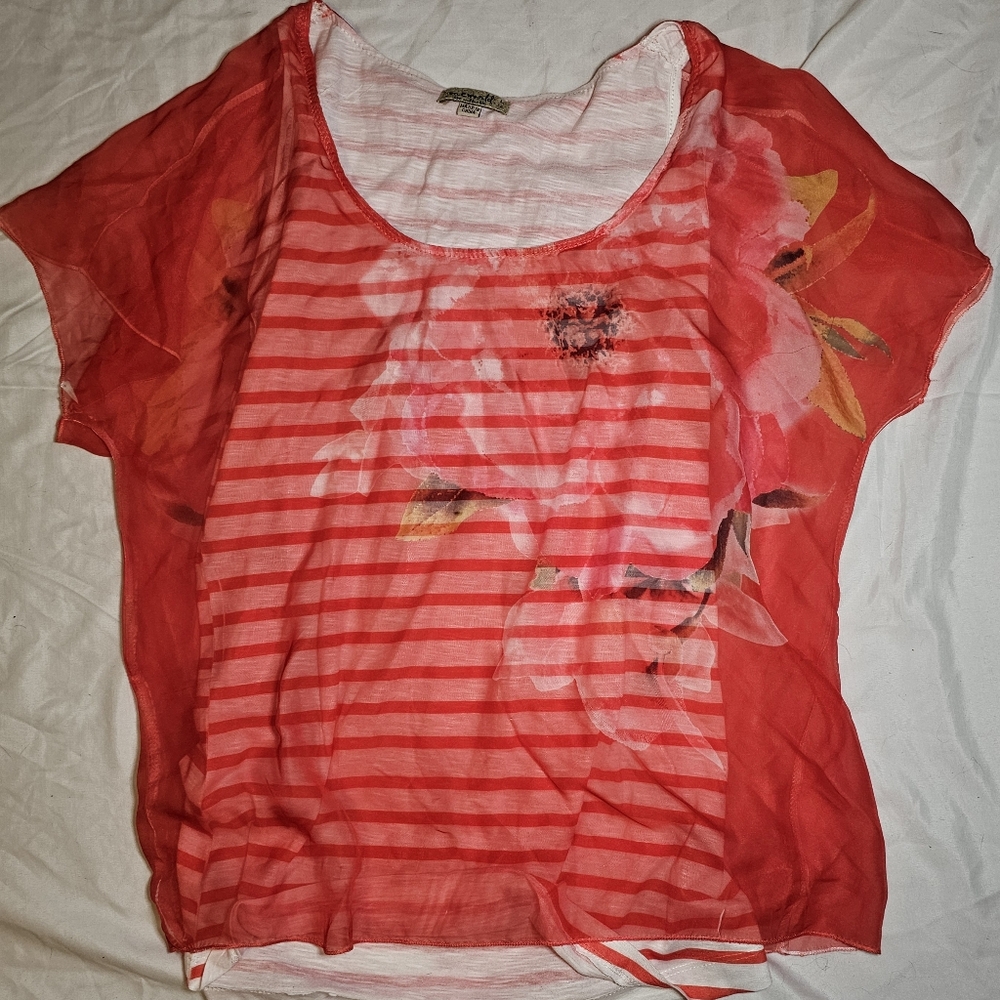 One World Red Floral Layered Tank Top Large Boho Mixed Print Sheer Overlay